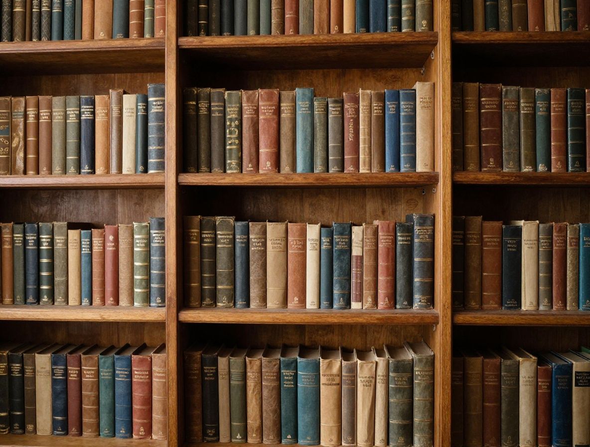 Une bibliothèque ancienne avec des étagères remplies de livres, symbolisant la recherche et le savoir.