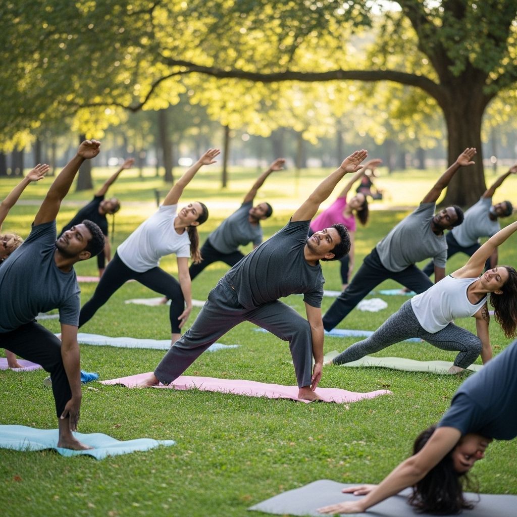 Groupe de personnes pratiquant le yoga en plein air dans un parc, postures douces de bien-être, lumière naturelle d'après-midi, ambiance sérène et collective