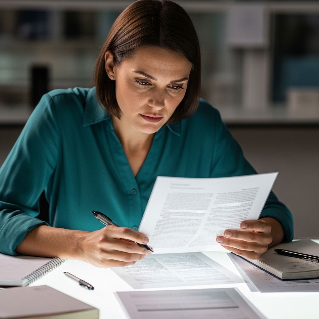 Femme lisant attentivement un article scientifique à une table lumineuse, entourée de cahiers et de stylos, concentration et réflexion intellectuelle, lumière naturelle douce