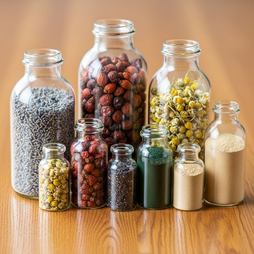 Collection de flacons en verre contenant des herbes séchées, des baies et des poudres naturelles sur une surface en bois clair, composition naturaliste et épurée sans texte visible