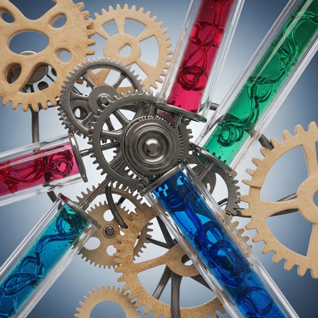 Illustration abstraite de processus biologiques représentée par des engrenages mécaniques et des flux d'eau photographiés en macro, tons bleutés et dorés, métaphore du fonctionnement interne