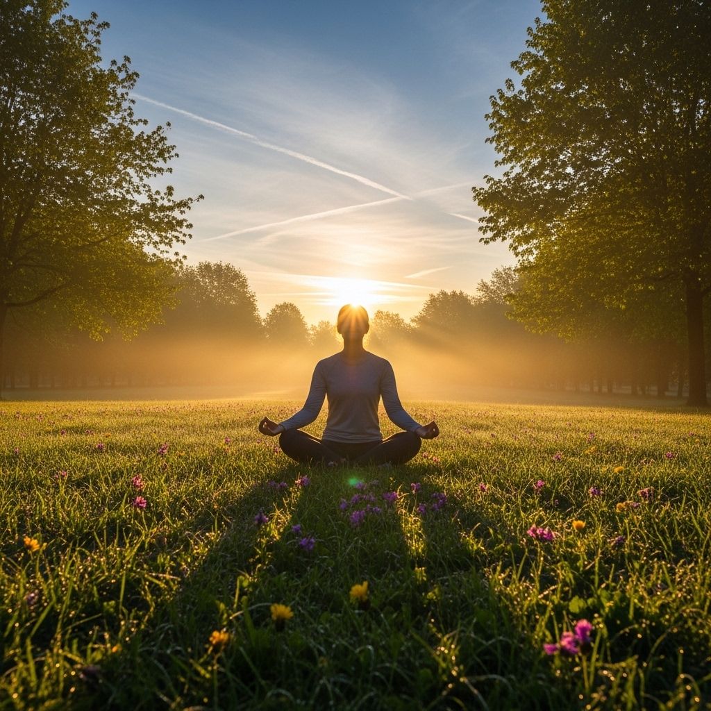 Personne pratiquant la méditation en plein air au lever du soleil dans un parc verdoyant, lumière dorée matinale, atmosphère de calme et de bien-être naturel