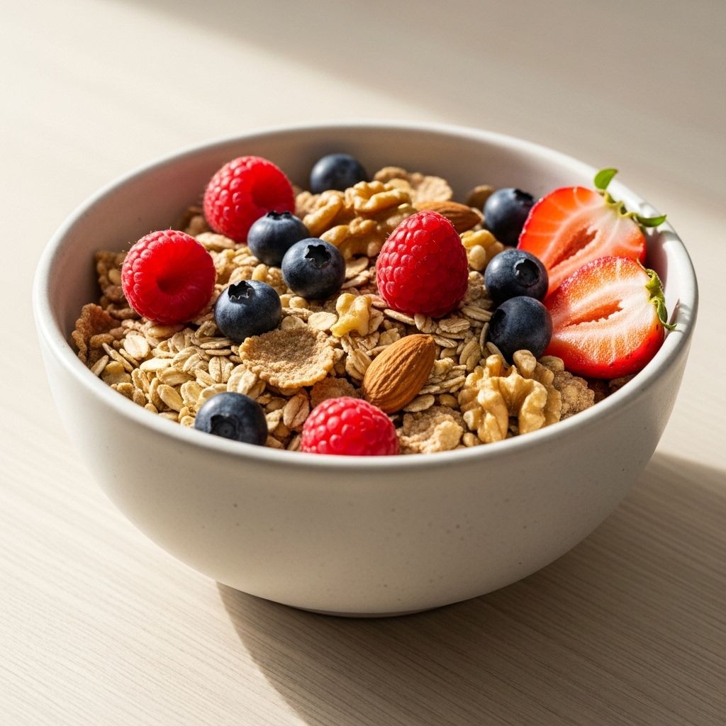 Bol de céréales complètes avec des baies fraîches et des noix sur une table en bois clair, lumière naturelle douce, présentation soignée et naturelle d'un repas équilibré